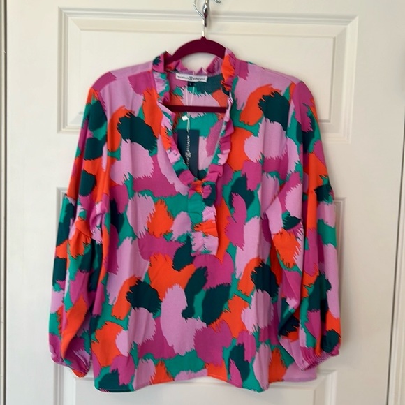 NWT Michelle McDowell Ruffle Top in Pink and Green - Picture 1 of 6